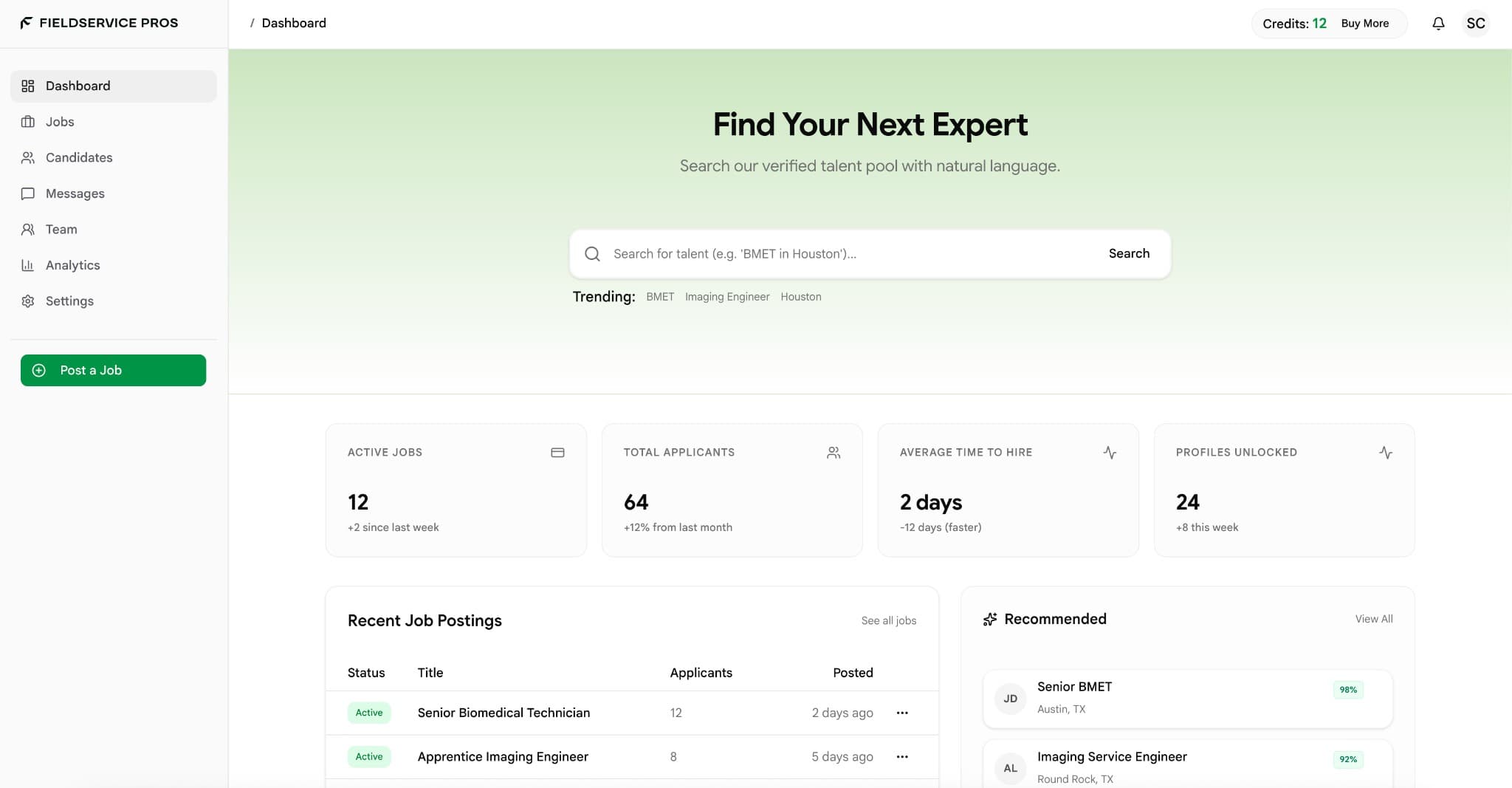 FieldService Pros dashboard showing job postings, candidate matches, and hiring analytics